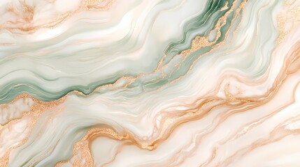 Gentle marble waves in rose gold, ivory, and a soft touch of deep green, blending smoothly to create a serene and opulent aesthetic, 
