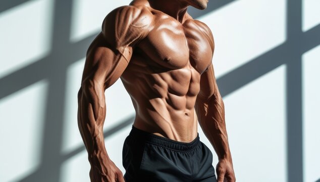 Aesthetic muscular man with six pack abs, fitness and strength concept