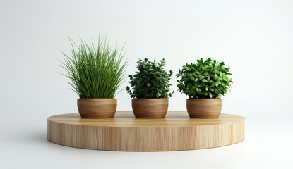 Fototapeta premium Three potted plants on a wooden platform