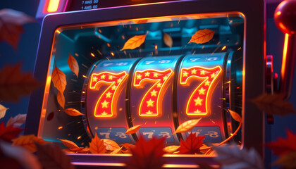 Obraz premium Lucky slot machine showing triple sevens with autumn leaves falling around in vibrant casino scene