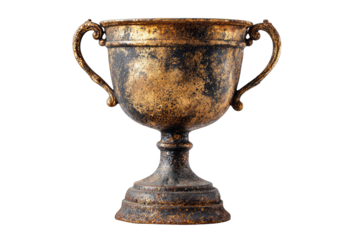 A weathered, gold-toned trophy with ornate detailing, two handles, and a wide base, set against a plain background.  The cup shows significant signs of age and tarnish