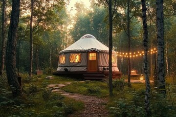 Cozy round yurt with warm glowing lights nestled among tall trees in a green forest with string lights creating a welcoming atmosphere at dusk