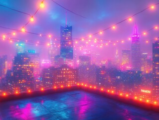 Fototapeta premium Vibrant cityscape at night with glowing skyscrapers and colorful string lights creating a dreamy, festive atmosphere on a rooftop