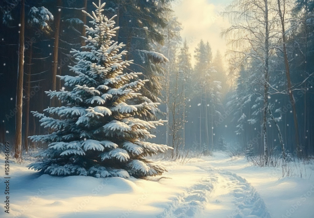 Poster snow-covered evergreen tree beside a snowy forest path with soft sunlight filtering through tall win