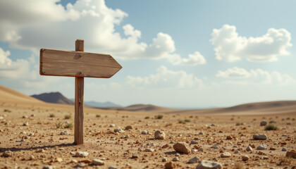 Wooden arrow sign in dry desert landscape under cloudy sky with distant hills and scattered rocks