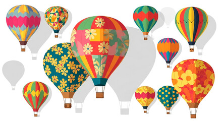 Obraz premium Colorful hot air balloons float against a white background, exhibiting vibrant patterns and creating a whimsical and cheerful atmosphere.