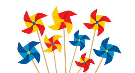 Colorful Pinwheels: A playful assortment of red, yellow, and blue pinwheels on wooden sticks against a pristine white background.