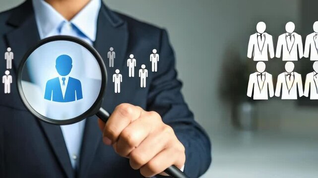 Business Professional Icon Seen Through Magnifying Glass for Recruitment and Candidate Selection Process, with Employee Figures
