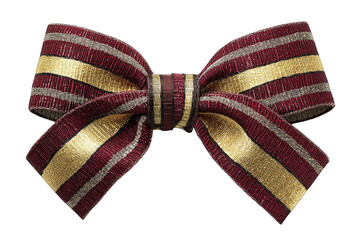 A meticulously tied bow, showcasing a rich burgundy and gold striped ribbon.  The texture appears slightly coarse, adding visual depth
