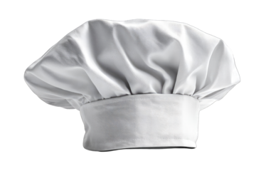 A pristine white chef's hat, tall and round, sits against a black background, showcasing its clean, simple design