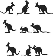 Set of Kangaroo Vector Silhouettes in Black Illustration Style
