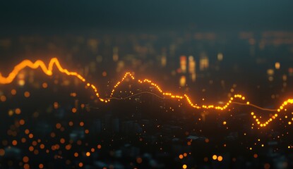 Abstract chart overlaying a city skyline at night.  Orange data points trace a volatile upward and downward trend over a dark cityscape