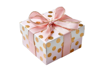 A small square gift box with pink and white polka dots, adorned with a pink ribbon and gold trim, sits against a black background