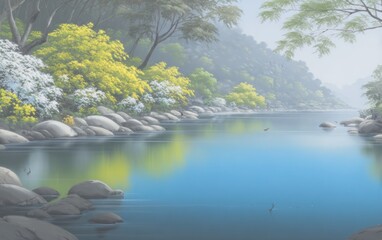 Misty riverbanks, lush foliage, calm water