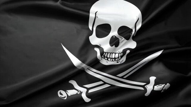White skull and crossbones with crossed swords on a black flag, waving fabric texture for concepts of piracy and adventure