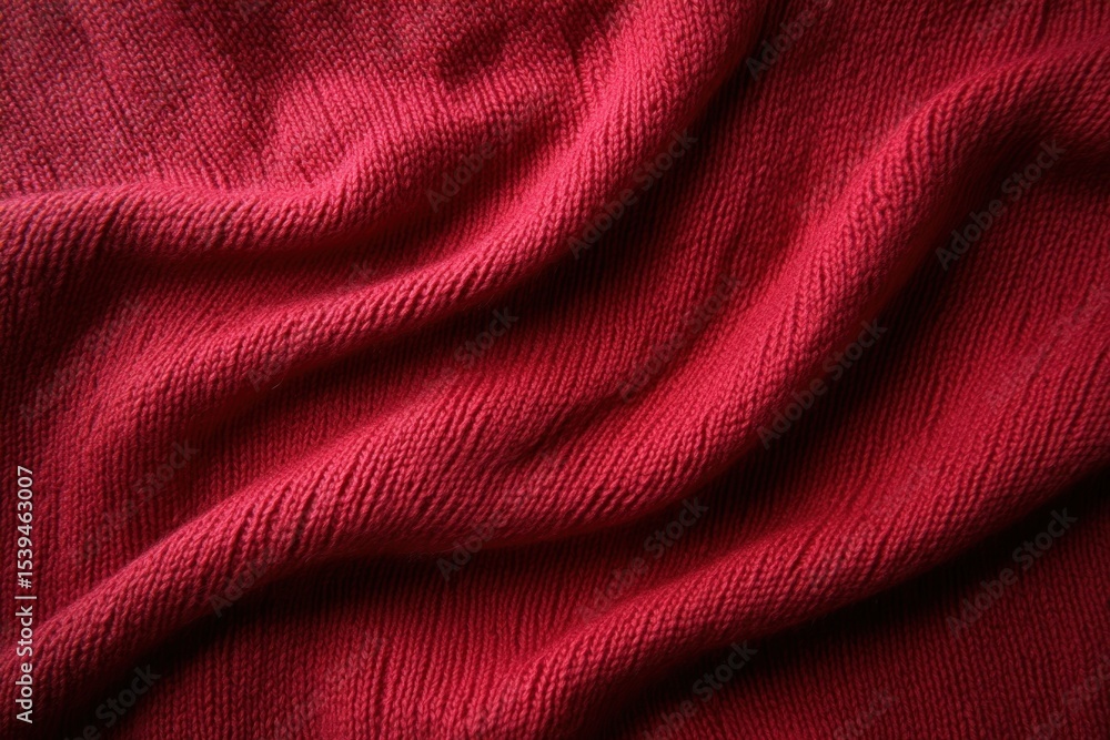 Aufkleber close-up of red knitted fabric with visible texture and folds creating soft shadows and highlights