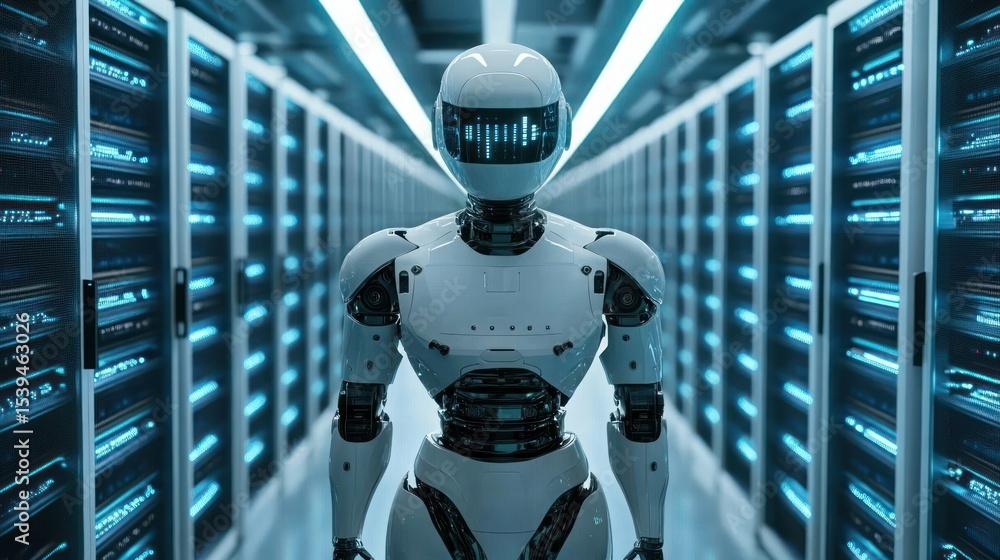 Poster futuristic humanoid robot standing in a high-tech data center corridor surrounded by glowing server 