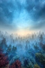 Fototapeta premium Misty forest vista at dawn