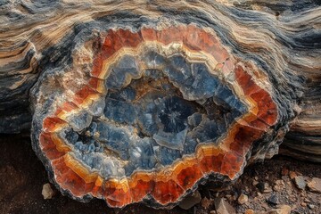 close-up of a colorful petrified wood slice with layered patterns in shades of blue, orange, brown, and beige, showing natural mineral textures and cracks
