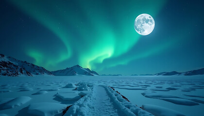Spectacular view of the aurora borealis and the full moon over a snowy landscape