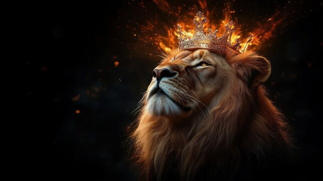 Majestic lion with a glowing golden crown surrounded by fiery sparks against a dark background, exuding power and regality