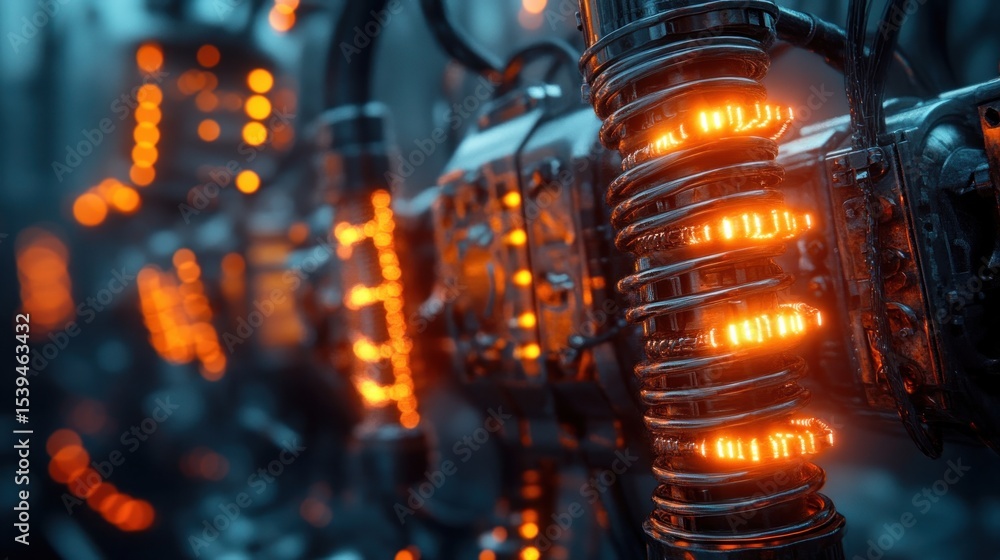 Poster close-up view of glowing orange coils inside a complex futuristic mechanical or electronic device wi