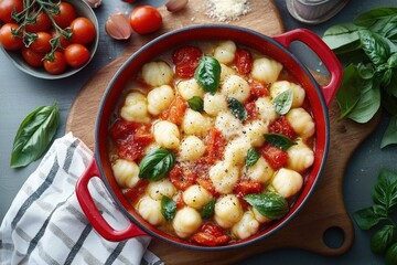 Creamy gnocchi with tomato sauce, fresh basil leaves, and grated cheese in a red pot on a wooden cutting board surrounded by cherry tomatoes, garlic, and basil