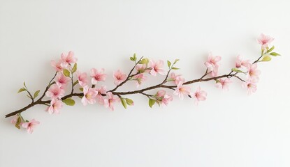 Delicate pink cherry blossoms on a branch against white