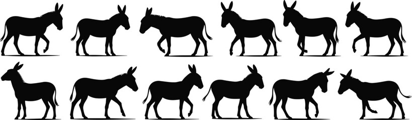Various Donkey and Mule Silhouettes in Different Poses, Ideal for Farm, Rural, and Agricultural Animal Designs