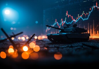 military tank surrounded by barbed wire is juxtaposed with glowing stock market graph, symbolizing intersection of war and economics in futuristic setting