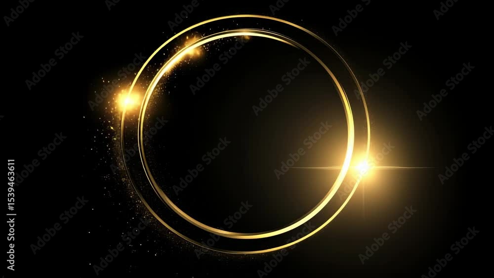 Poster aerial view of a glowing golden ring with sparkles on a black background, creating a dynamic and ele