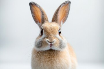 Obraz premium Close-up of a cute light brown rabbit with erect ears looking curiously at the camera against a soft white background