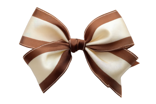 A large, cream and brown striped ribbon bow, tied in a classic style, isolated on a black background.  The stripes are thin and evenly spaced