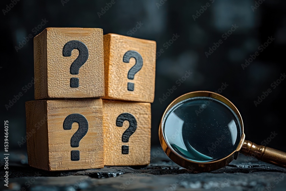 Poster stack of four wooden blocks with black question marks next to a magnifying glass on dark surface rep