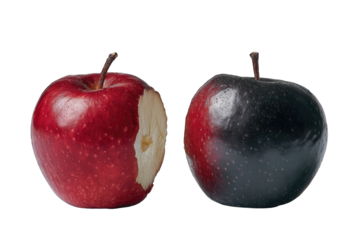 A vibrant red apple with a bite taken out of it sits beside a dark, nearly black apple, both presented against a pure black backdrop.  The contrast in color and condition is striking