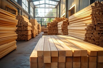 Stacks of neatly arranged wooden beams and planks in a sunlit warehouse with large windows