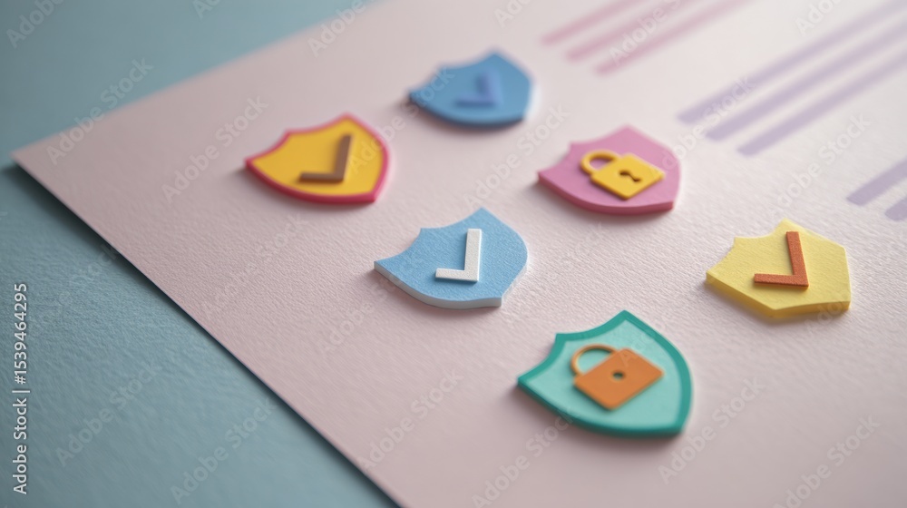 Poster Layered Paper Cutout-Style Security Checklist Featuring Colorful Tech Symbols for Enhanced Data Protection Tasks