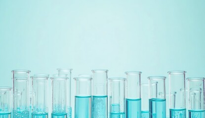 Rows of clear glass test tubes filled with light teal liquid