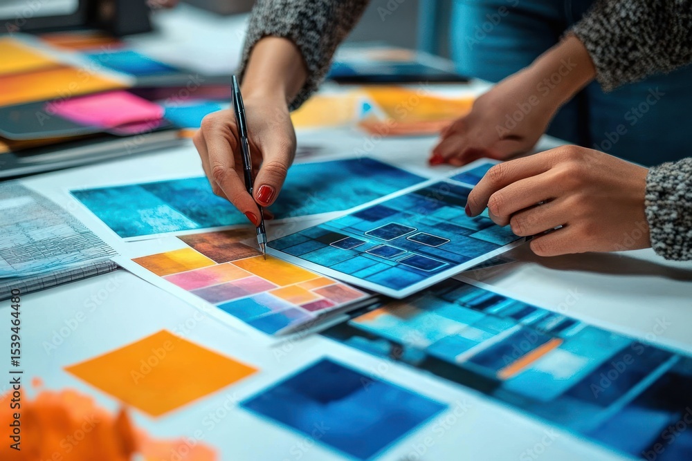 Poster close-up of a person analyzing and marking colorful printed charts and graphs with a pen on a white 