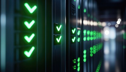 Server racks with glowing green checkmarks