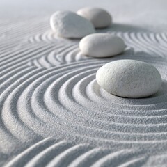 Serene white stones arranged on concentric circles raked into light gray sand, creating a minimalist zen garden scene