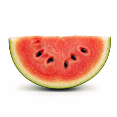 Watermelon slice displays vibrant red flesh and black seeds on a white surface