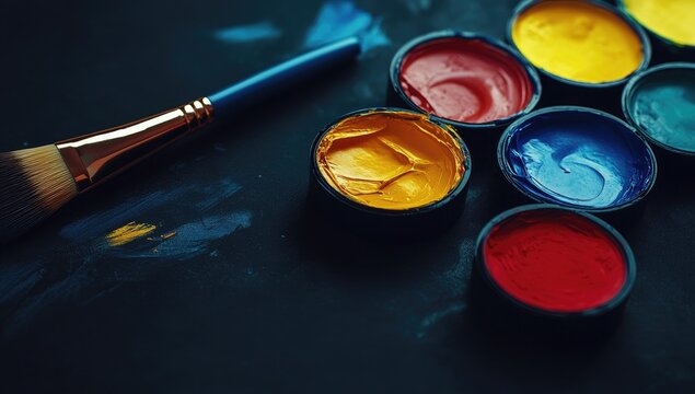Colorful paint pots and brush on dark surface - Powered by Adobe