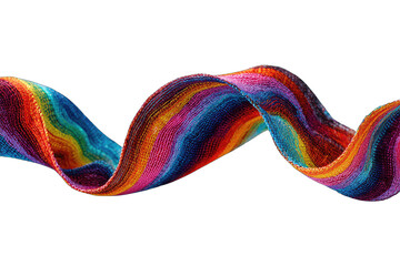 A vibrant, multicolored ribbon or fabric flows in a dynamic, swirling motion against a stark black background, creating an abstract and energetic visual