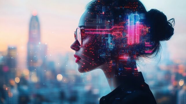 Profile of a woman wearing glasses with hair tied in a bun, overlaid with glowing neon cityscape and digital network elements at dusk