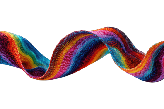 A vibrant, multicolored ribbon or fabric flows in a dynamic, swirling motion against a stark black background, creating an abstract and energetic visual