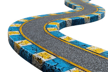 A winding asphalt road with blue and yellow checkered borders curves gracefully against a black backdrop, suggesting a journey or race track