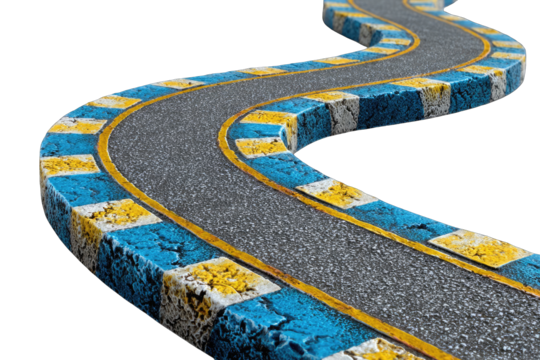 A winding asphalt road with blue and yellow checkered borders curves gracefully against a black backdrop, suggesting a journey or race track