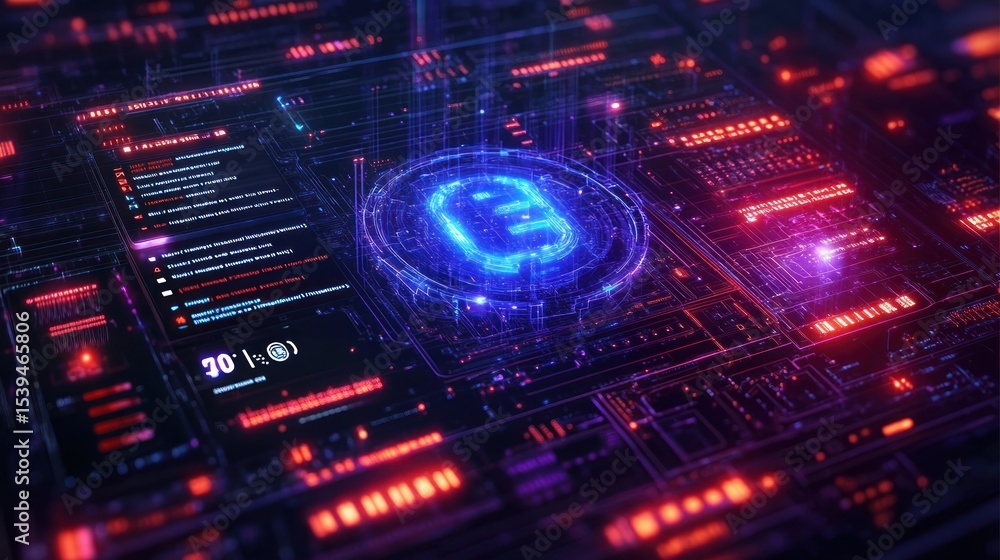 Aufkleber futuristic digital circuit board with glowing blue central icon and red illuminated data nodes conve