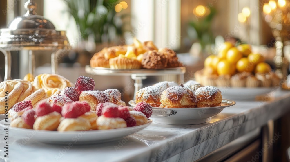 Poster close-up view of assorted pastries and desserts dusted with powdered sugar and topped with raspberri